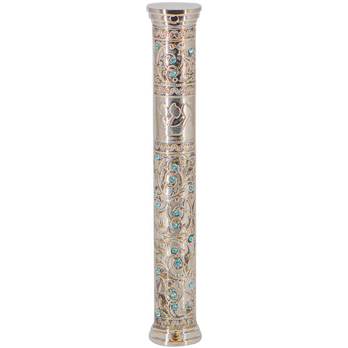 Judaica Mezuzah Case Engraved Inlaid Crystals Nickel Filigree Decorated 12 cm