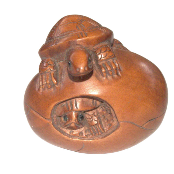 Antique Hand Carved Wood Netsuke Turtle On a Hatching Egg Japan Signed