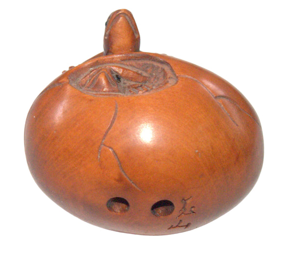 Antique Hand Carved Wood Netsuke Turtle On a Hatching Egg Japan Signed