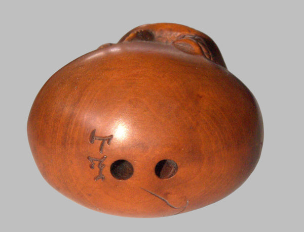 Antique Hand Carved Wood Netsuke Turtle On a Hatching Egg Japan Signed