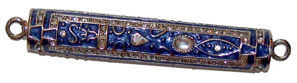 Blue Enamel Judaica Mezuzah Case Stone Inlaid Decorated Jeweled Crystals 7 cm
