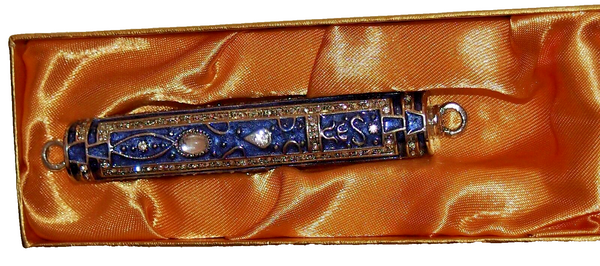 Blue Enamel Judaica Mezuzah Case Stone Inlaid Decorated Jeweled Crystals 7 cm