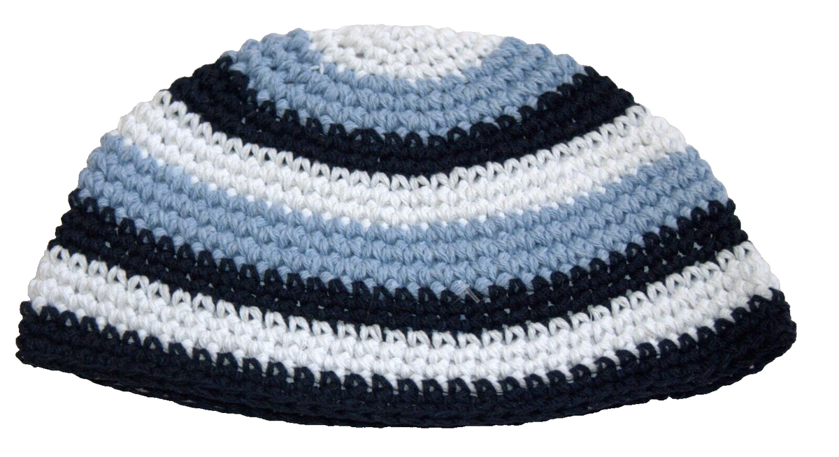 Frik Kippah Skull Cap Cotton Yamaka Crochet Aqua White Stripes Israel