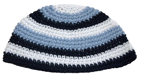 Frik Kippah Skull Cap Cotton Yamaka Crochet Aqua White Stripes Israel 21 cm
