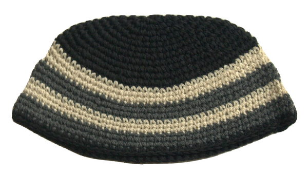 Frik Kippah Yarmulke Crochet Colorful Black Gray Cream Striped Israel 23 cm