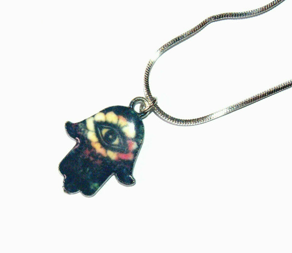 Hamsa Charm Pendant Rhodium Necklace Luck Evil Eye Kabbalah Protection Dark Blue