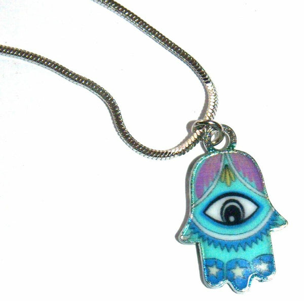 Hamsa Charm Pendant Rhodium Necklace Luck Evil Eye Kabbalah Protection Pastel