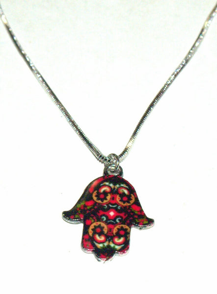 Hamsa Charm Pendant Rhodium Necklace Luck Evil Eye Kabbalah Protection Red