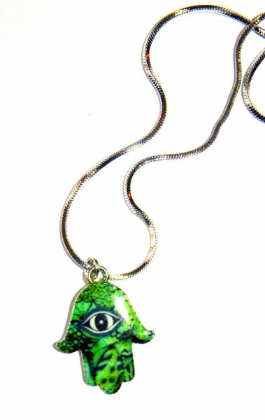 Hamsa Charm Pendant w Necklace Luck Evil Eye Kabbalah Protection Amulet Green