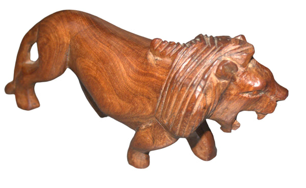 Hand Carved Wood Figurine Roaring Lion African Primitive Art