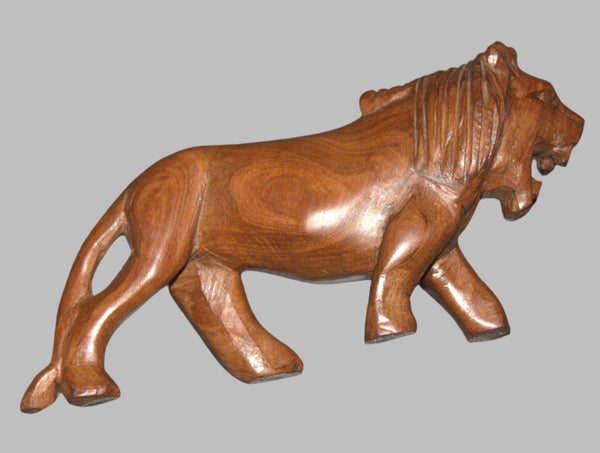 Hand Carved Wood Figurine Roaring Lion African Primitive Art