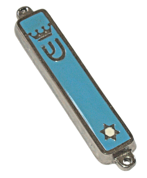 Judaica Aqua Enamel Silver Tone Mezuzah Case Magen David Crown Decoration 7 cm