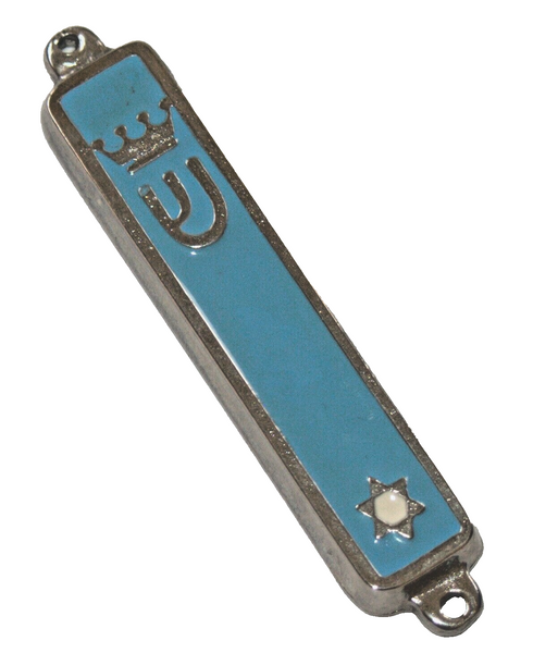 Judaica Aqua Enamel Silver Tone Mezuzah Case Magen David Crown Decoration 7 cm