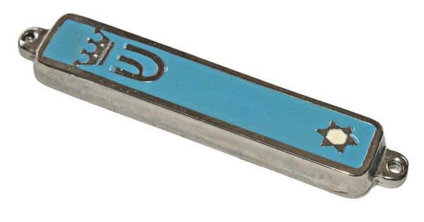Judaica Aqua Enamel Silver Tone Mezuzah Case Magen David Crown Decoration 7 cm