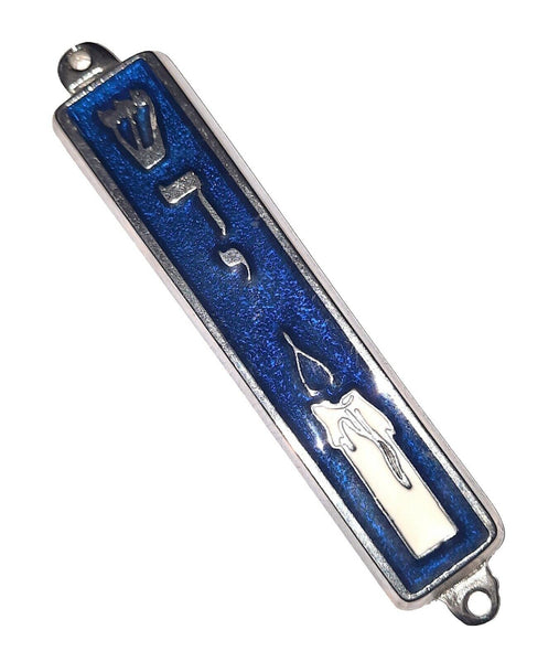 Judaica Blue Enamel Silver Tone Mezuzah Case Candle Shadai Decoration 7 cm