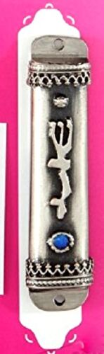 Judaica Car Mezuzah Case Travel Protection Charm Blue Stone SHADAI Decorated