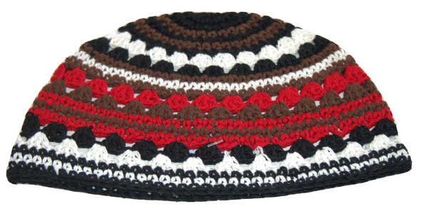 Judaica Frik Kippah Yarmulke Thick Knit Striped Red Brown Cotton Israel 21 cm