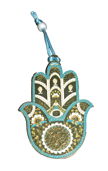 Judaica Kabbalah Hamsa Gold Plated Aqua Gree Enamel Wall Hang Evil Eye Hai