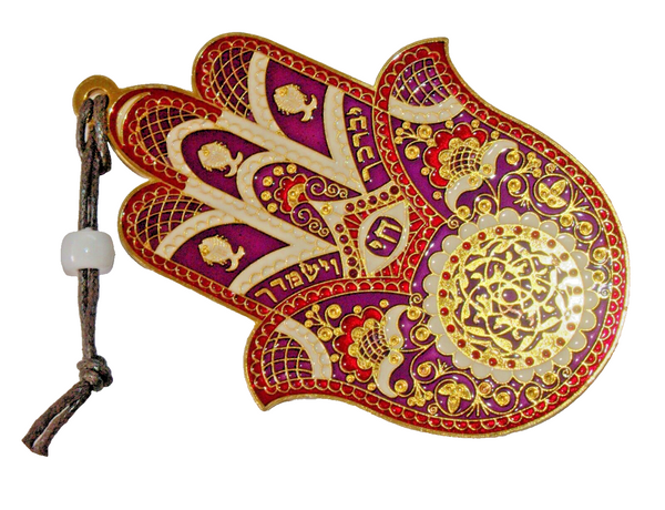 Judaica Kabbalah Hamsa Gold Plated Red Purple Enamel Wall Hang Evil Eye Hai