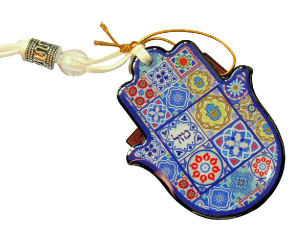 Judaica Kabbalah Small Hamsa Wood Blue Decorated Mazal Luck Charm Wall Car Hang