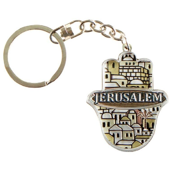 Judaica Keyring Keychain Key Charm Holder Hamsa Metal Epoxy Brown Jerusalem View