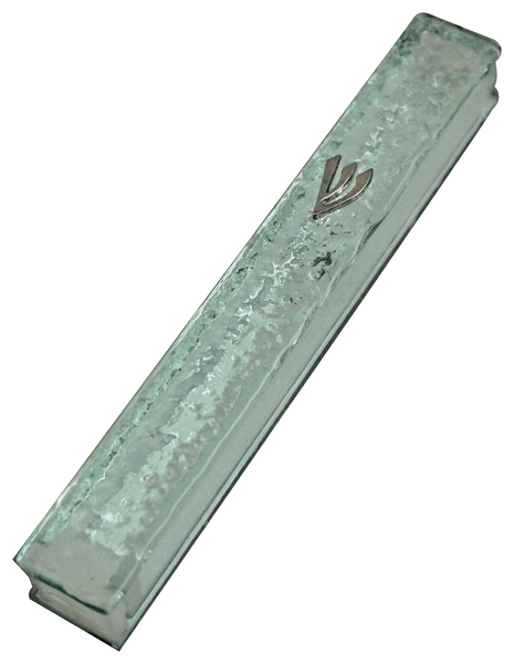 Judaica Mezuzah Case Clear Glass Closed Back 12 cm Irregular Facet Design