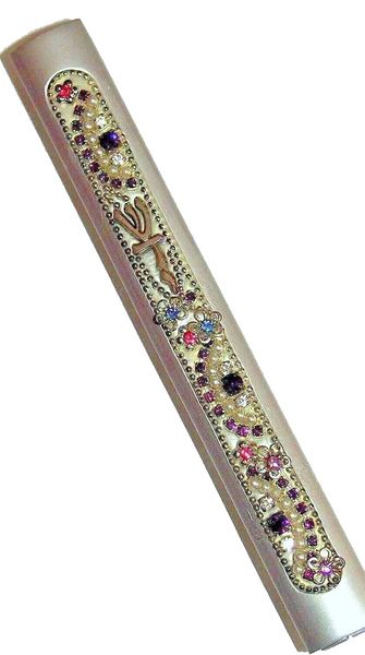 Judaica Mezuzah Case Matte Silver Tone SHADAI Sparkling Stones Crystals 10 cm