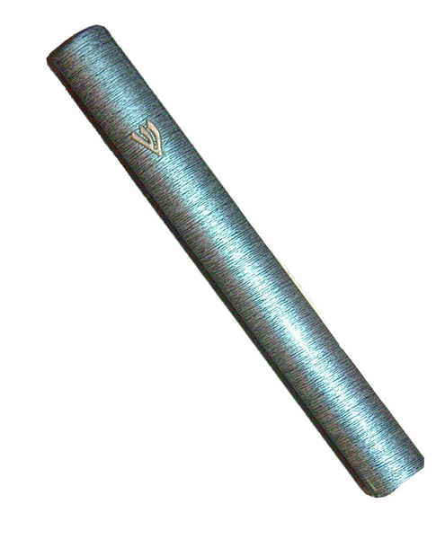 Judaica Mezuzah Case Metallic Blue Stripes Aluminum 12 cm Closed Back
