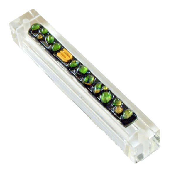 Judaica Mezuzah Case Multicolor Green Black Bubble Glass Panel Golden Shin 10 cm