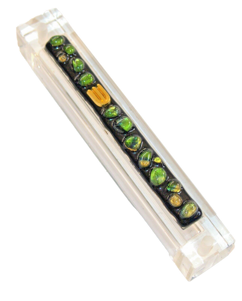 Judaica Mezuzah Case Multicolor Green Black Bubble Glass Panel Golden Shin 10 cm
