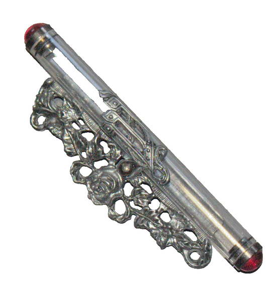 Judaica Mezuzah Case Pewter Burgundy Rose Side Decoration Glass Tube 10 cm