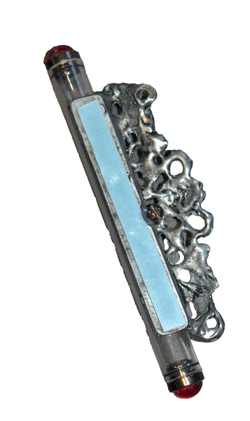 Judaica Mezuzah Case Pewter Burgundy Rose Side Decoration Glass Tube 10 cm