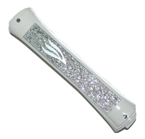 Judaica Mezuzah Case Plastic White w Sparkling Silver Front Closed Back 12 cm