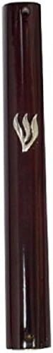 Judaica Mezuzah Case Semi Round Brown Wood Decorative Metal SHIN 12 cm