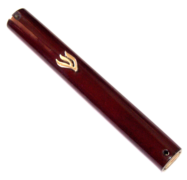 Judaica Mezuzah Case Semi Round Brown Wood Decorative Metal SHIN 12 cm
