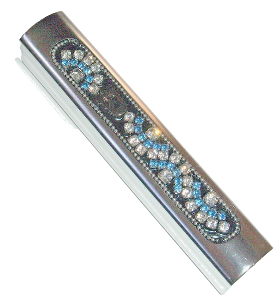 Judaica Mezuzah Case Silver Aluminum Clear Blue Crystals Closed Back SHIN 7 cm