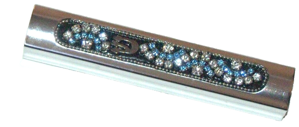 Judaica Mezuzah Case Silver Aluminum Clear Blue Crystals Closed Back SHIN 7 cm