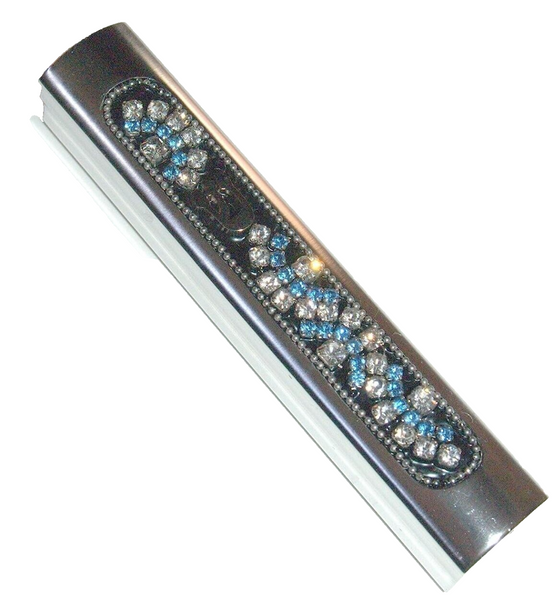 Judaica Mezuzah Case Silver Aluminum Clear Blue Crystals Closed Back SHIN 7 cm