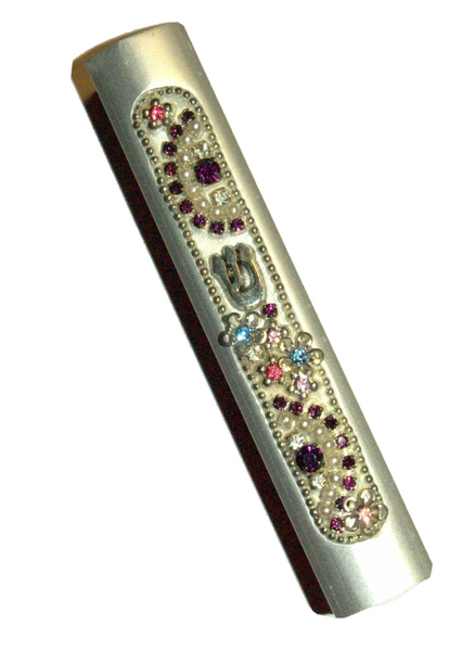 Judaica Mezuzah Case Silver Matte Aluminum Inlaid Crystals Jeweled 7 cm