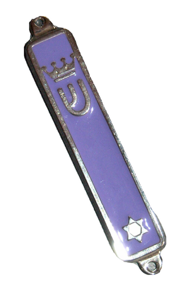 Judaica Purple Enamel Silver Tone Mezuzah Case Magen David Crown Decoration 7 cm