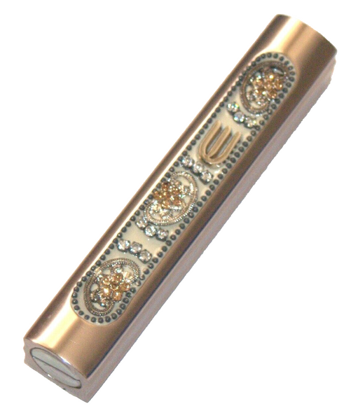 Judaica Mezuzah Case Pink Metallic Aluminum Clear Gold Crystals Closed Back 7 cm