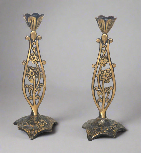 Judaica Vintage Shabbat Candlestick Candle Holder Israel Floral Design 1960's