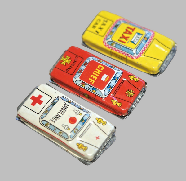 Lot of 3 Vintage Tin Car Lithograph Toy Taxi Chief Red Cross Vehicle Japan 1960s