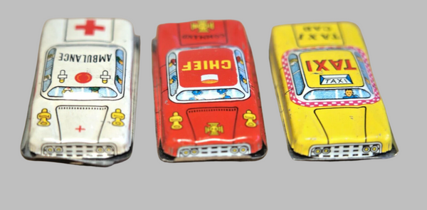 Lot of 3 Vintage Tin Car Lithograph Toy Taxi Chief Red Cross Vehicle Japan 1960s