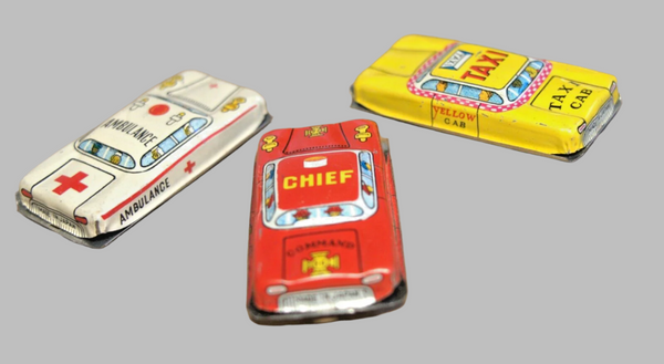 Lot of 3 Vintage Tin Car Lithograph Toy Taxi Chief Red Cross Vehicle Japan 1960s