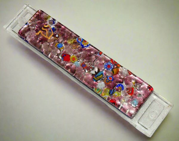Murano Glass Handmade Mezuzah Case 9 cm Gold Shin Lilac Pink Murina Italy