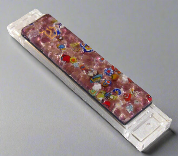 Murano Glass Handmade Mezuzah Case 9 cm Gold Shin Lilac Pink Murina Italy