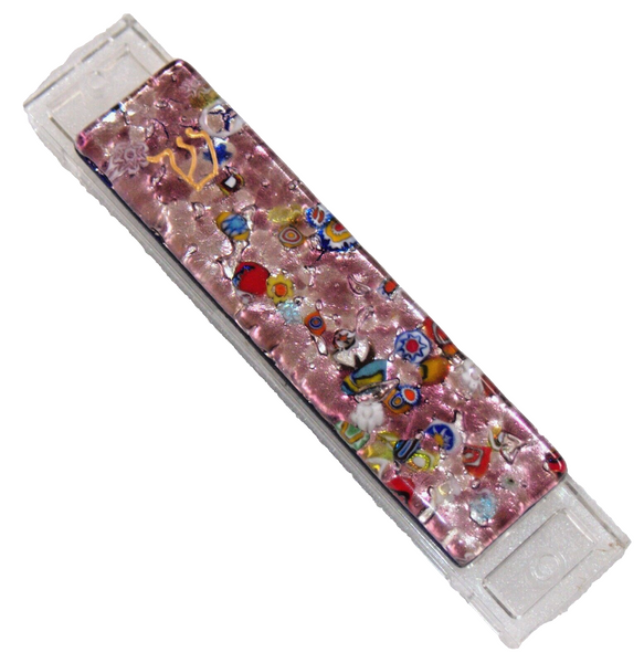 Murano Glass Handmade Mezuzah Case 9 cm Gold Shin Lilac Pink Murina Italy