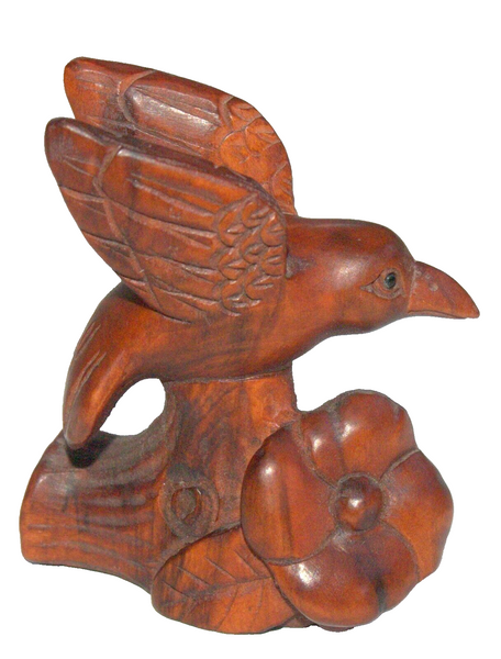 Netsuke Hand Carved Wood Figurine Hummingbird Honey on Flower Japan Signed