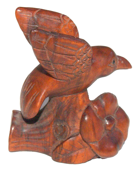 Netsuke Hand Carved Wood Figurine Hummingbird Honey on Flower Japan Signed